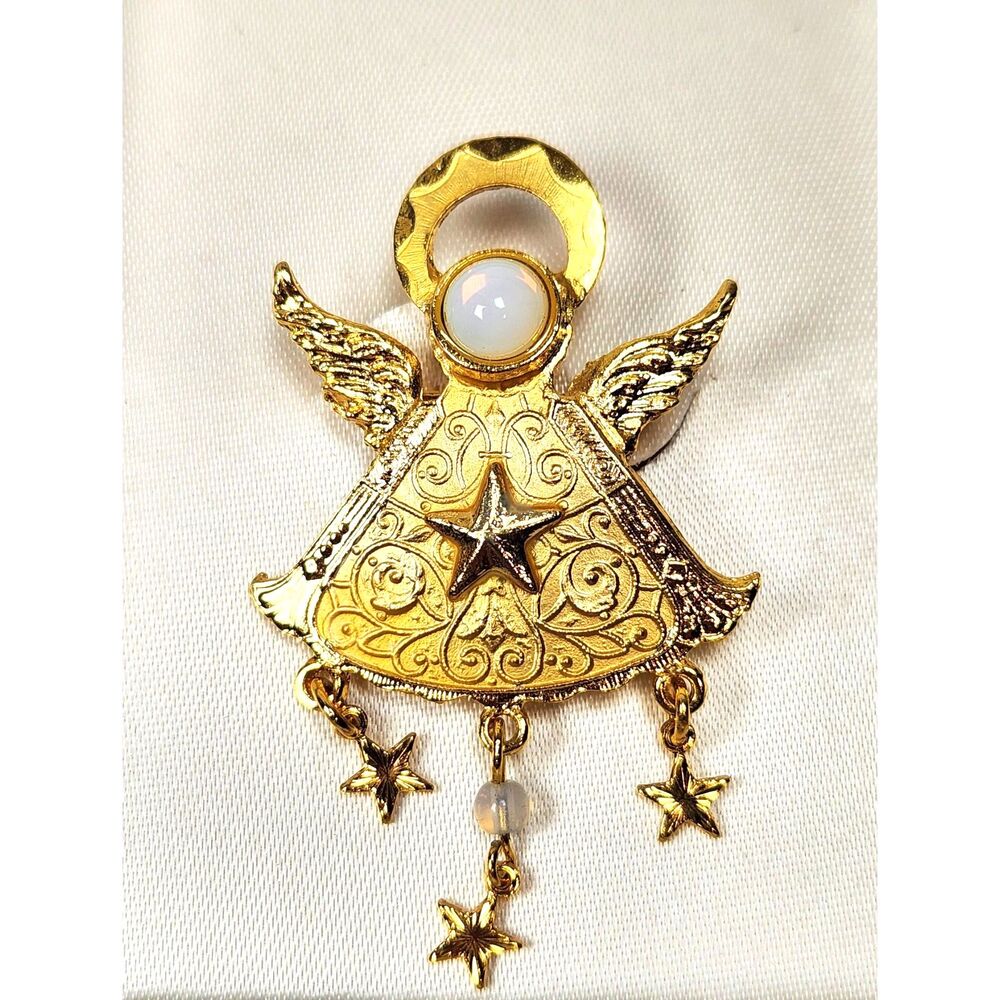Vintage KC Gold Tone Angel Brooch with Stars & Opal Colored Cabochon Gift Box